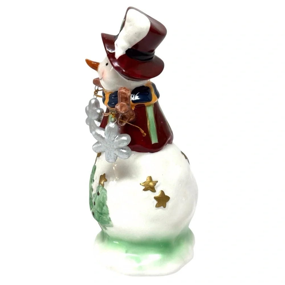 Festive Snowman Figurine Ceramic with Red Hat & Green Scarf Christmas EUC